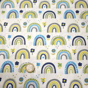 Tissu popeline coton blanc aux arcs en ciel verts bleus et jaunes - TissusPapi.com