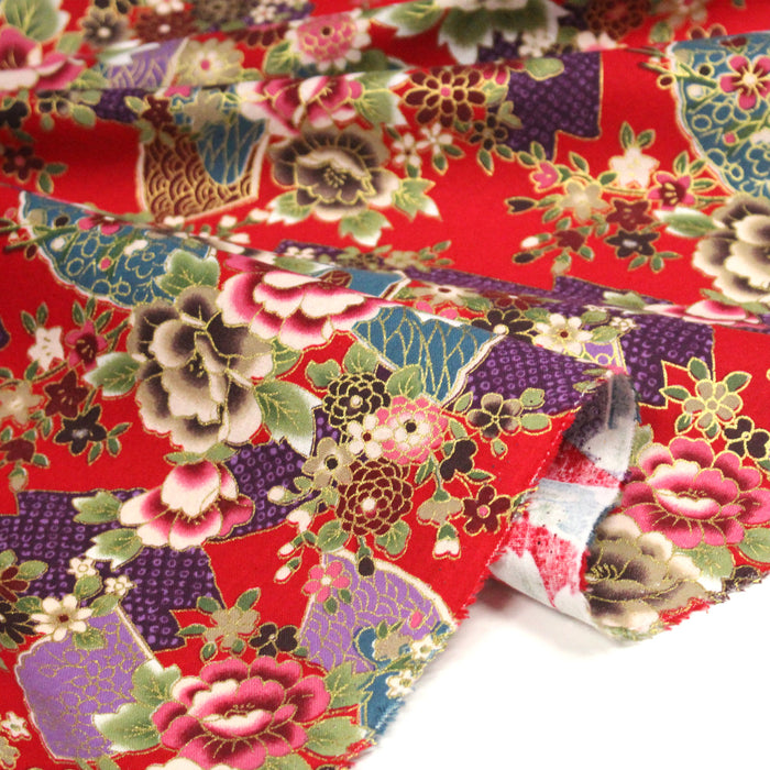 Tissu cotonnade motifs japonais traditionnels : fleurs multicolores & motifs seigaiha - COLLECTION JAPON DORÉ