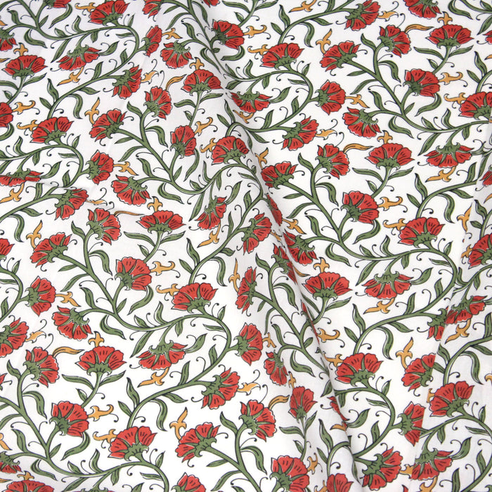 Tissu cotonnade aux fleurs rouge orange et jaunes, feuillage vert - COLLECTION KALAMKARI