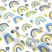 Tissu popeline coton blanc aux arcs en ciel verts bleus et jaunes - TissusPapi.com