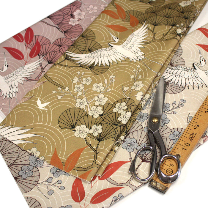 Tissu coton demi-natté GRUES JAPONAISES, trois teintes : écru, rose, ocre - OEKO-TEX STANDARD 100