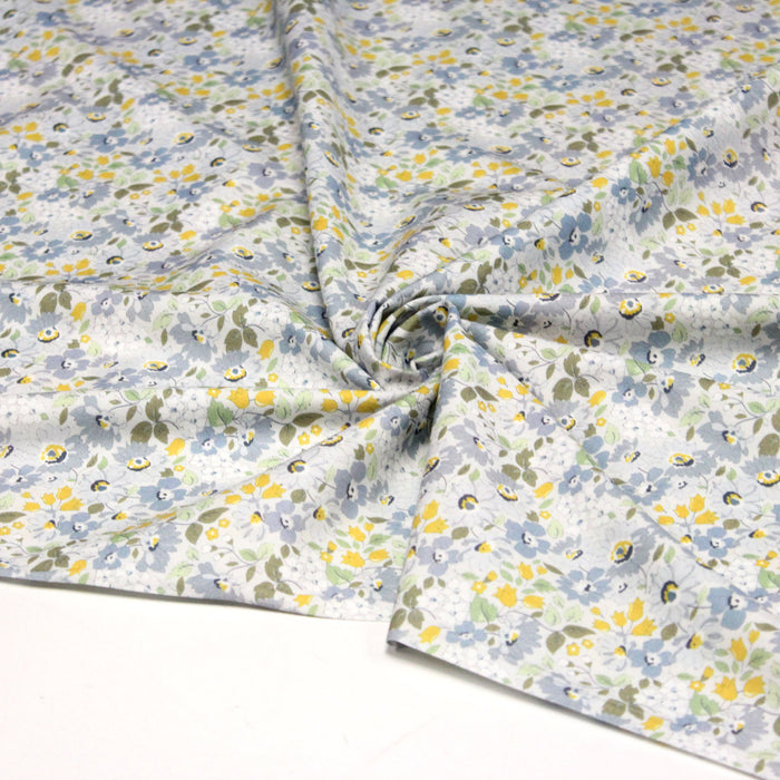 Tissu popeline coton fleuri jaune & bleu - COLLECTION HONORINE - OEKO-TEX