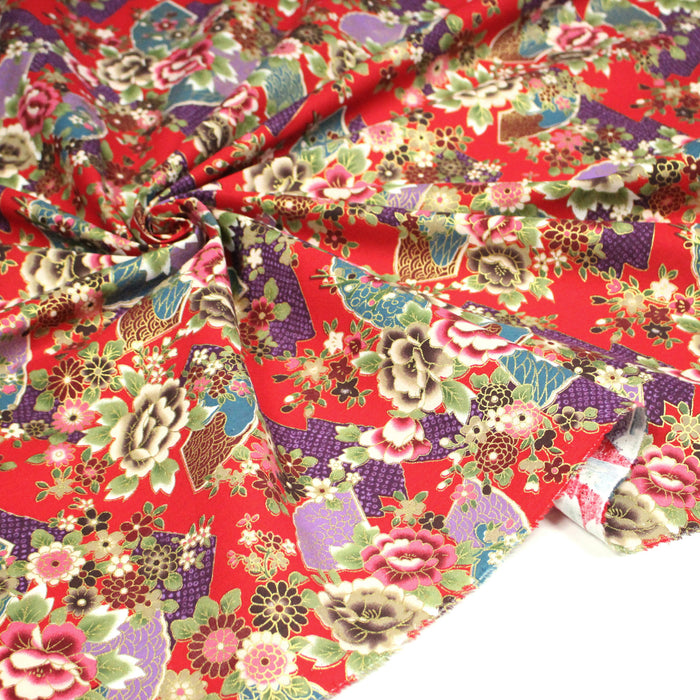 Tissu cotonnade motifs japonais traditionnels : fleurs multicolores & motifs seigaiha - COLLECTION JAPON DORÉ