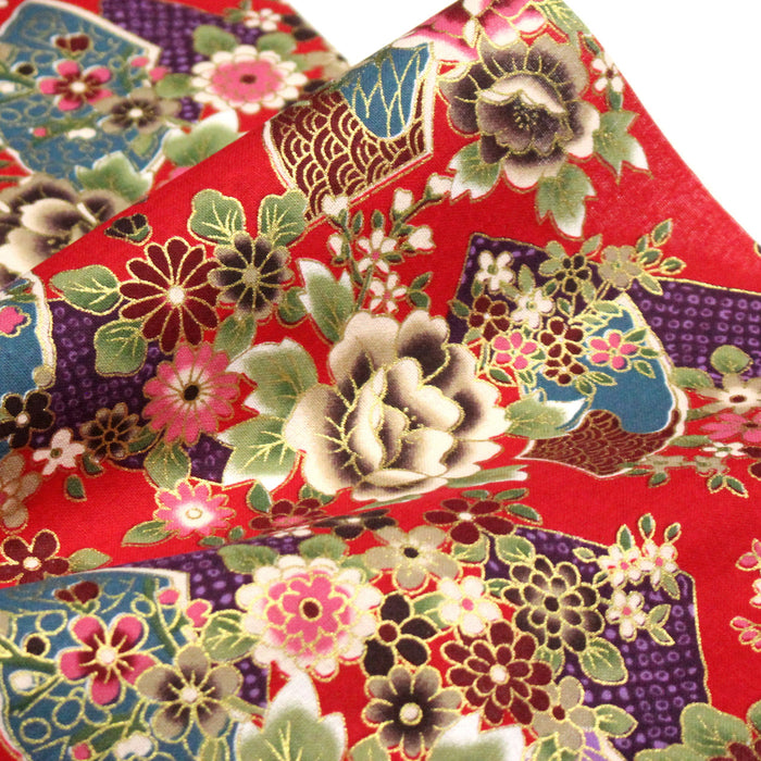Tissu cotonnade motifs japonais traditionnels : fleurs multicolores & motifs seigaiha - COLLECTION JAPON DORÉ
