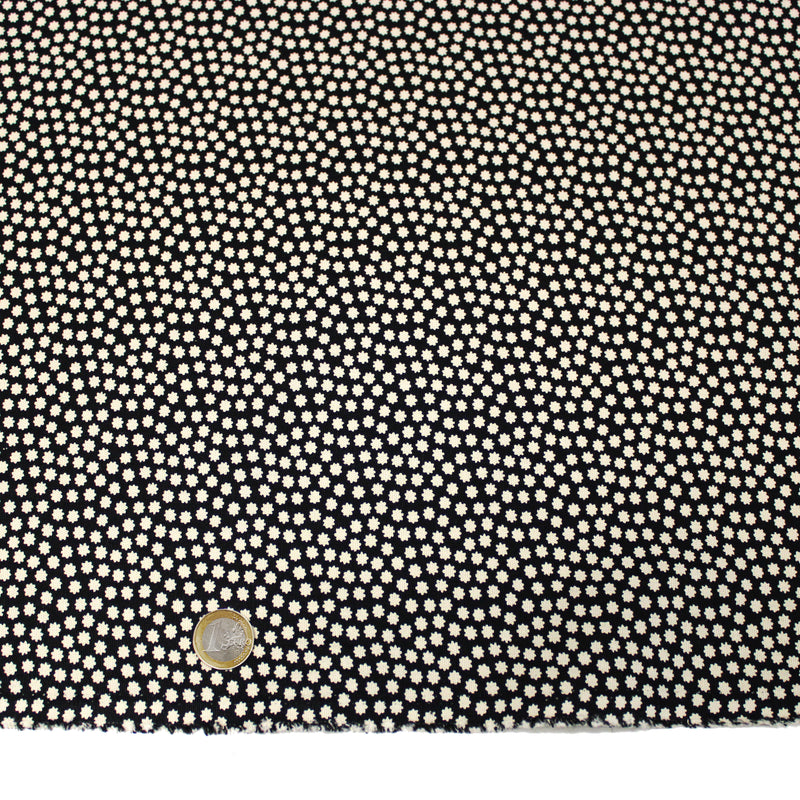Tissu coton demi natté noir, fleurs géométriques écrues - MADE IN JAPAN - FABRICATION JAPONAISE