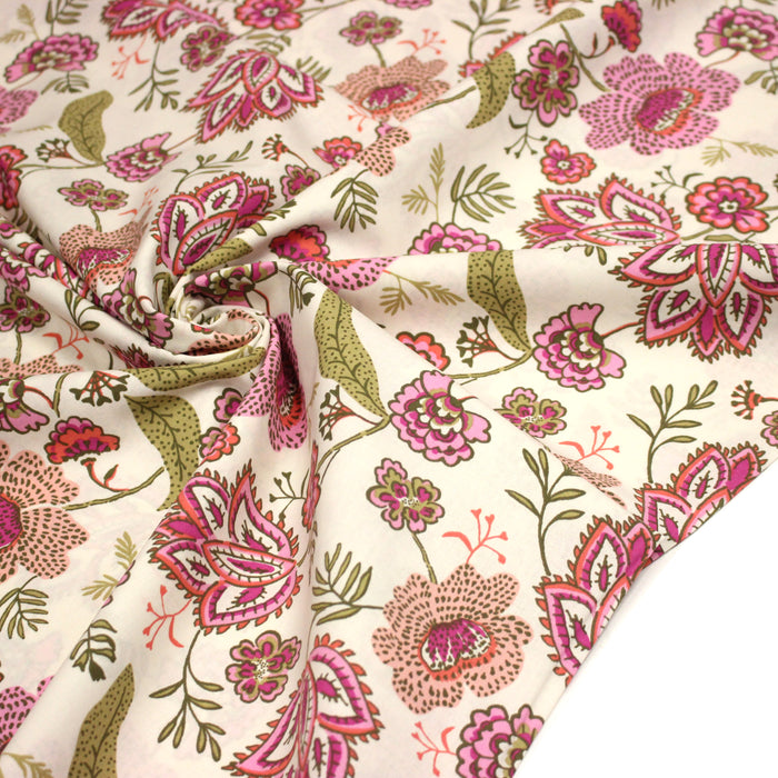 Tissu cotonnade écru aux fleurs indiennes roses et vert kaki - OEKO-TEX STANDARD 100