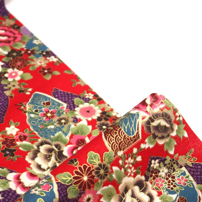 Tissu cotonnade motifs japonais traditionnels : fleurs multicolores & motifs seigaiha - COLLECTION JAPON DORÉ