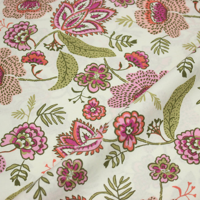 Tissu cotonnade écru aux fleurs indiennes roses et vert kaki - OEKO-TEX STANDARD 100