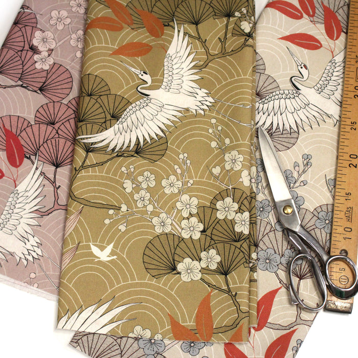 Tissu coton demi-natté GRUES JAPONAISES, trois teintes : écru, rose, ocre - OEKO-TEX STANDARD 100