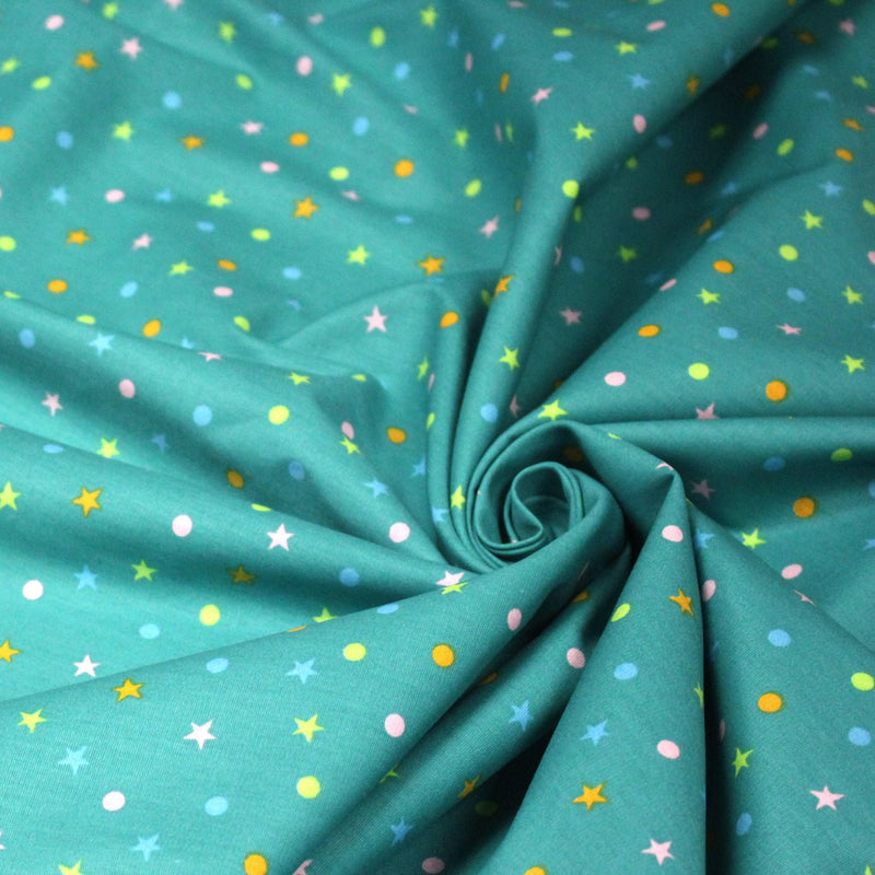 Tissu popeline coton vert canard aux pois et étoiles multicolores - TissusPapi.com