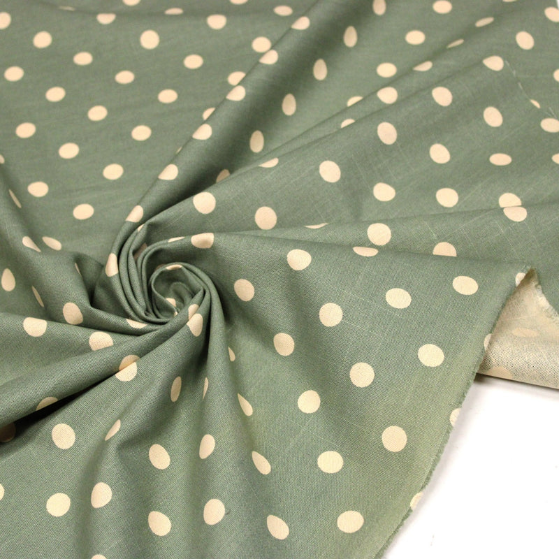Tissu coton demi natté vert sauge aux pois écrus - MADE IN JAPAN - FABRICATION JAPONAISE - TissusPapi.com