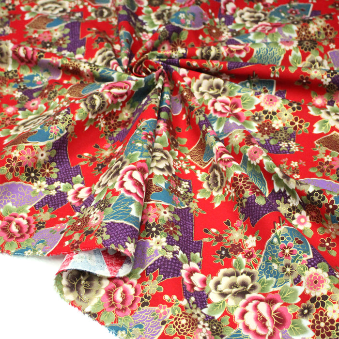 Tissu cotonnade motifs japonais traditionnels : fleurs multicolores & motifs seigaiha - COLLECTION JAPON DORÉ