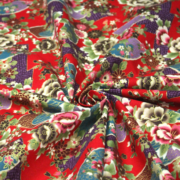 Tissu cotonnade motifs japonais traditionnels : fleurs multicolores & motifs seigaiha - COLLECTION JAPON DORÉ