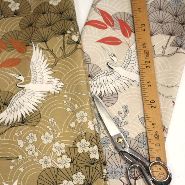 Tissu coton demi-natté GRUES JAPONAISES, trois teintes : écru, rose, ocre - OEKO-TEX STANDARD 100