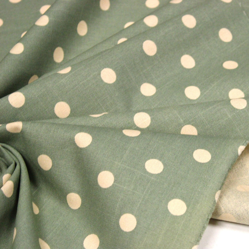 Tissu coton demi natté vert sauge aux pois écrus - MADE IN JAPAN - FABRICATION JAPONAISE - TissusPapi.com