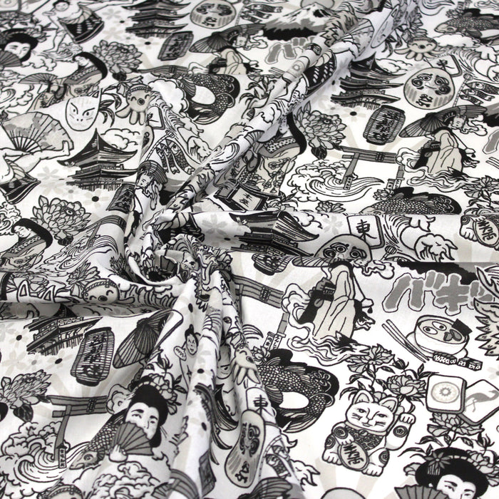 Tissu de coton aux illustrations japonaises, tons noirs & blancs - OEKO-TEX®