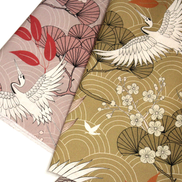 Tissu coton demi-natté GRUES JAPONAISES, trois teintes : écru, rose, ocre - OEKO-TEX STANDARD 100