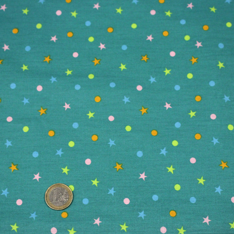 Tissu popeline coton vert canard aux pois et étoiles multicolores - TissusPapi.com
