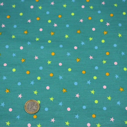Tissu popeline coton vert canard aux pois et étoiles multicolores - TissusPapi.com
