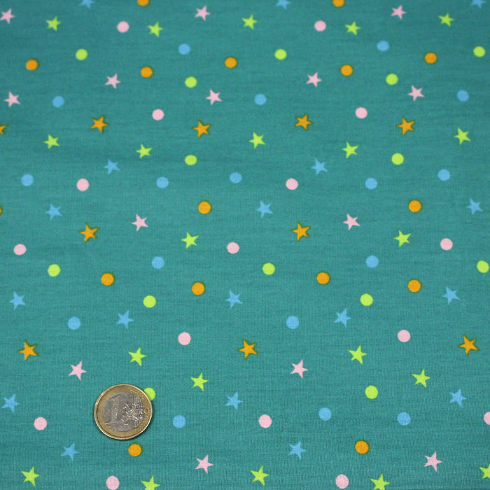 Tissu popeline coton vert canard aux pois et étoiles multicolores - TissusPapi.com