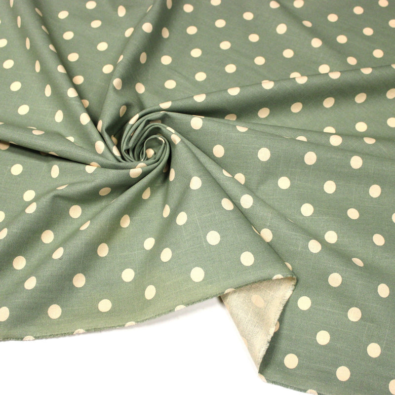Tissu coton demi natté vert sauge aux pois écrus - MADE IN JAPAN - FABRICATION JAPONAISE - TissusPapi.com