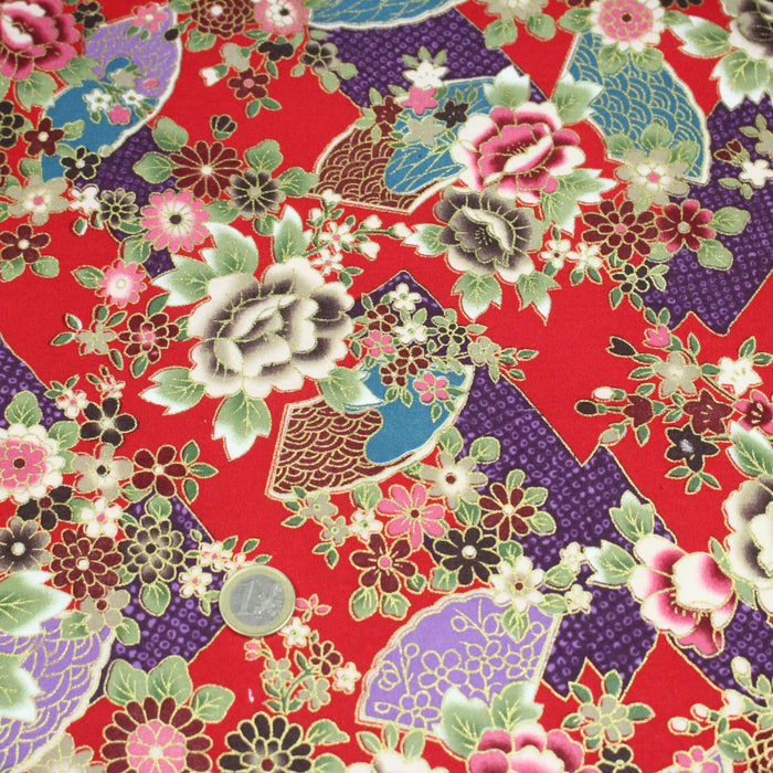 Tissu cotonnade motifs japonais traditionnels : fleurs multicolores & motifs seigaiha - COLLECTION JAPON DORÉ