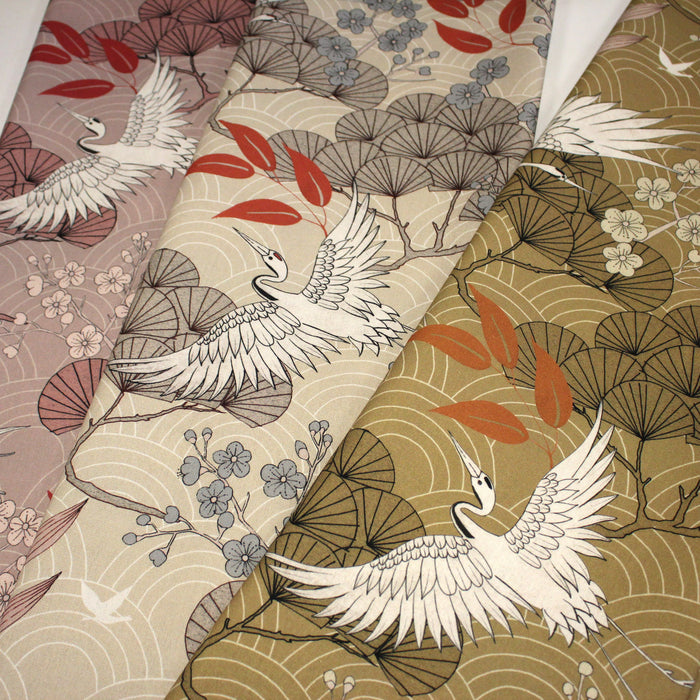 Tissu coton demi-natté GRUES JAPONAISES, trois teintes : écru, rose, ocre - OEKO-TEX STANDARD 100