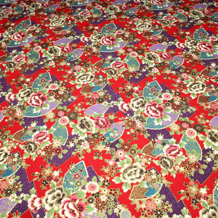 Tissu cotonnade motifs japonais traditionnels : fleurs multicolores & motifs seigaiha - COLLECTION JAPON DORÉ