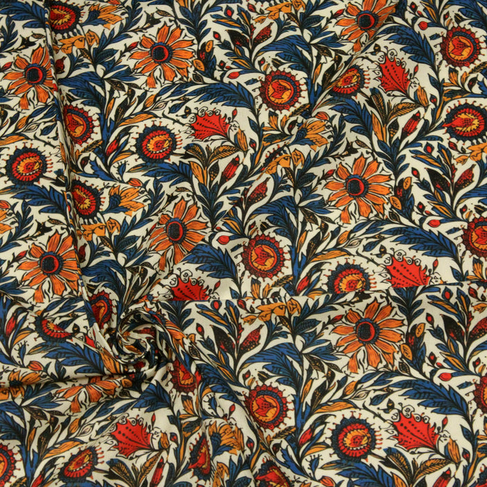 Tissu cotonnade motif indien fleuri jaune, rouge et bleu - COLLECTION KALAMKARI