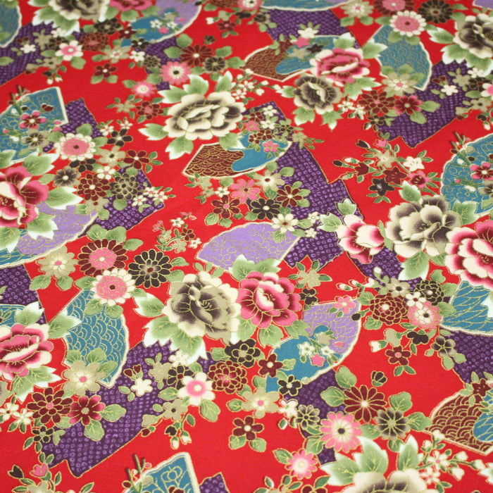 Tissu cotonnade motifs japonais traditionnels : fleurs multicolores & motifs seigaiha - COLLECTION JAPON DORÉ