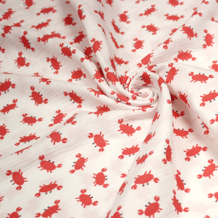 Tissu double daze imprimée aux jolis crabes rouges, fond blanc - OEKO-TEX STANDARD 100