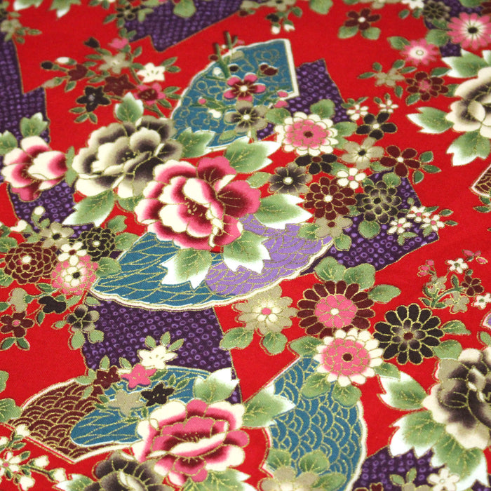 Tissu cotonnade motifs japonais traditionnels : fleurs multicolores & motifs seigaiha - COLLECTION JAPON DORÉ