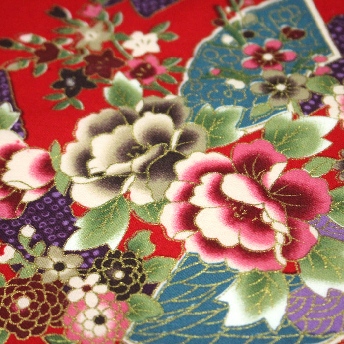 Tissu cotonnade motifs japonais traditionnels : fleurs multicolores & motifs seigaiha - COLLECTION JAPON DORÉ