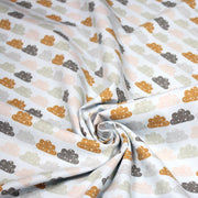 Tissu popeline coton rose bleu ciel aux nuages roses, gris et ocres - TissusPapi.com