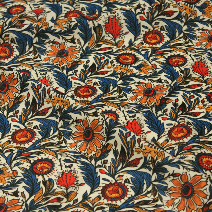 Tissu cotonnade motif indien fleuri jaune, rouge et bleu - COLLECTION KALAMKARI