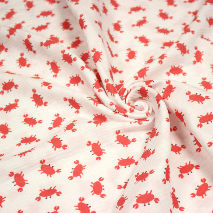 Tissu double daze imprimée aux jolis crabes rouges, fond blanc - OEKO-TEX STANDARD 100