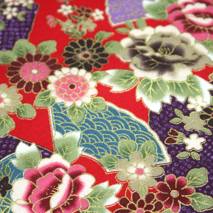 Tissu cotonnade motifs japonais traditionnels : fleurs multicolores & motifs seigaiha - COLLECTION JAPON DORÉ