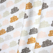Tissu popeline coton rose bleu ciel aux nuages roses, gris et ocres - TissusPapi.com