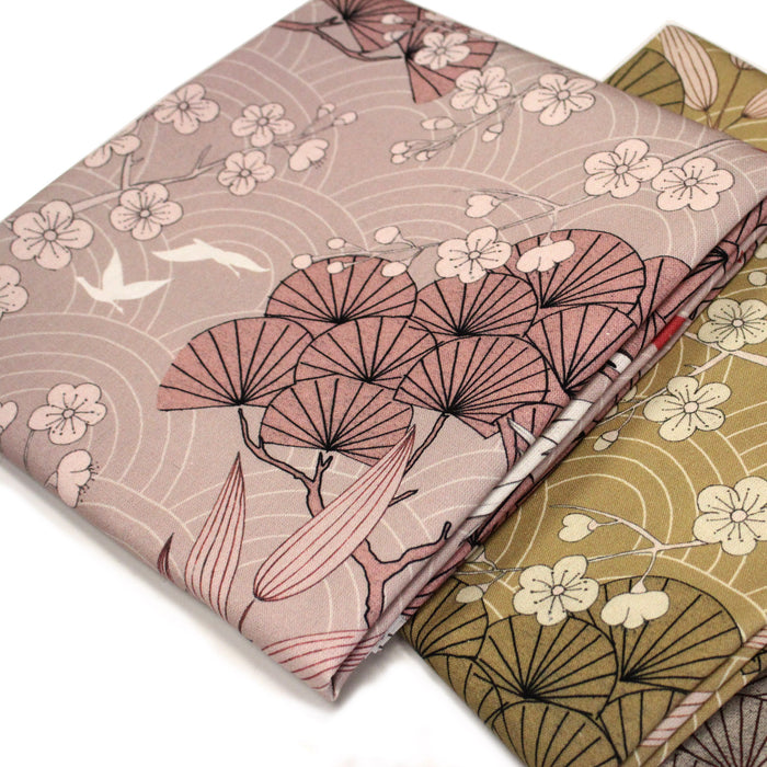 Tissu coton demi-natté GRUES JAPONAISES, trois teintes : écru, rose, ocre - OEKO-TEX STANDARD 100