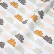 Tissu popeline coton rose bleu ciel aux nuages roses, gris et ocres - TissusPapi.com