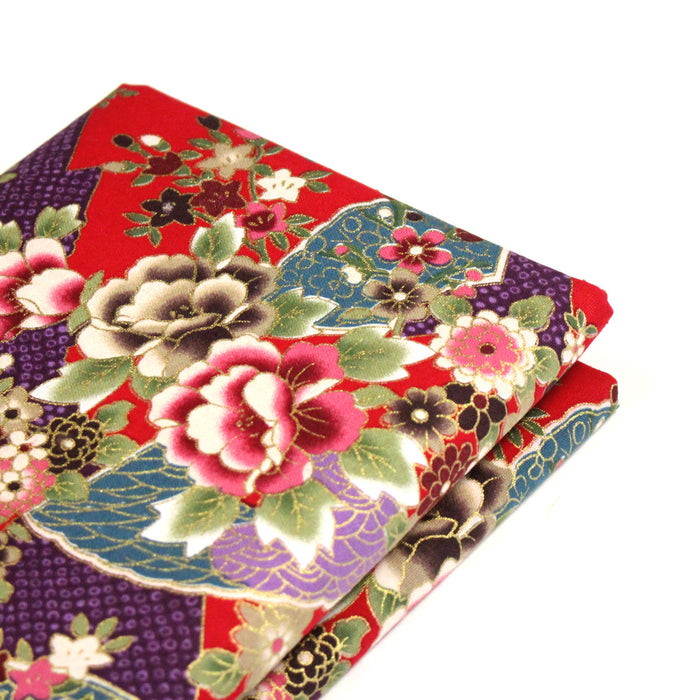 Tissu cotonnade motifs japonais traditionnels : fleurs multicolores & motifs seigaiha - COLLECTION JAPON DORÉ