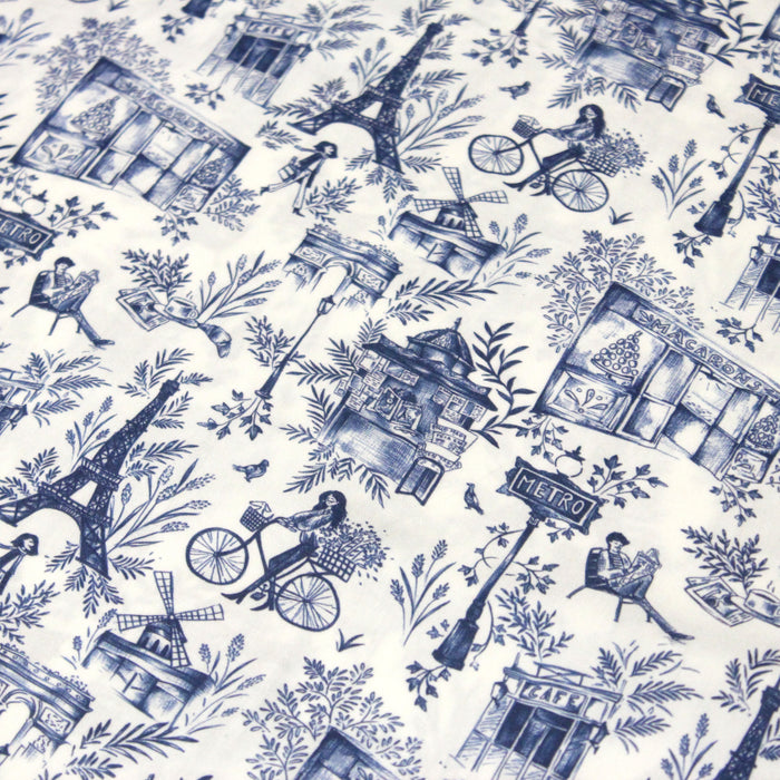 Tissu Viscose fluide motif toile de Jouy moderne bleue & blanches, illustrations parisiennes - COLLECTION PARIS - OEKO-TEX