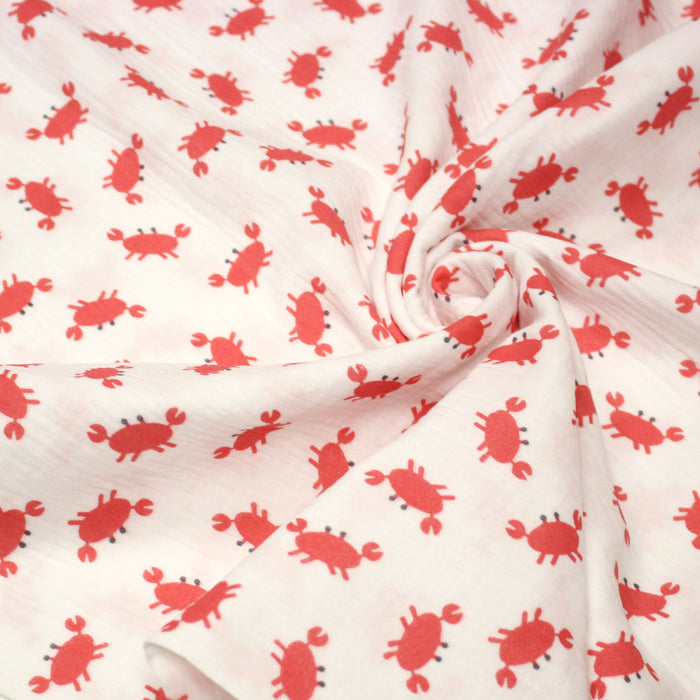 Tissu double daze imprimée aux jolis crabes rouges, fond blanc - OEKO-TEX STANDARD 100