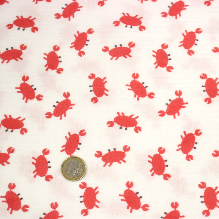 Tissu double daze imprimée aux jolis crabes rouges, fond blanc - OEKO-TEX STANDARD 100