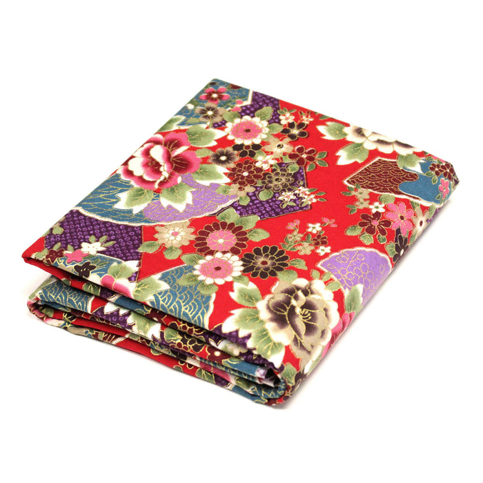 Tissu cotonnade motifs japonais traditionnels : fleurs multicolores & motifs seigaiha - COLLECTION JAPON DORÉ