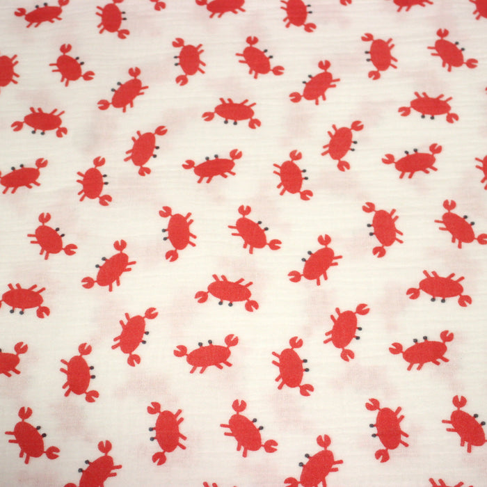 Tissu double daze imprimée aux jolis crabes rouges, fond blanc - OEKO-TEX STANDARD 100