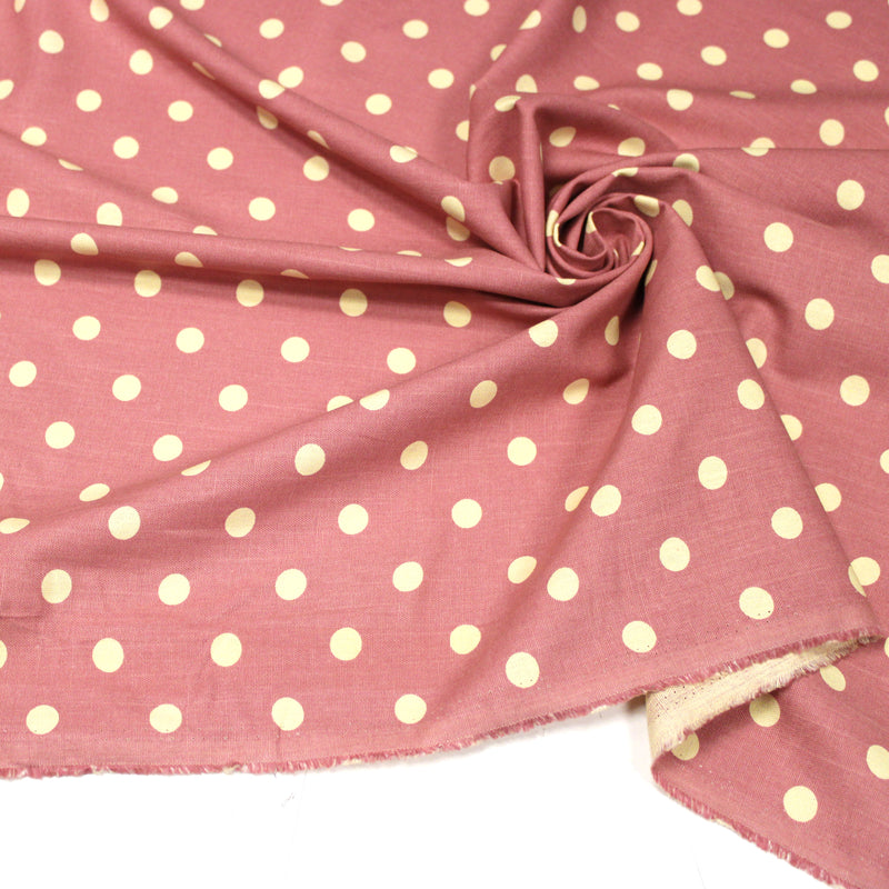Tissu coton demi natté vieux rose à pois jaune beurre - MADE IN JAPAN - FABRICATION JAPONAISE