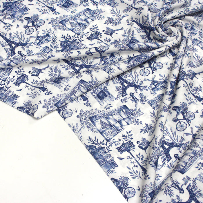Tissu Viscose fluide motif toile de Jouy moderne bleue & blanches, illustrations parisiennes - COLLECTION PARIS - OEKO-TEX