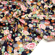Tissu cotonnade motifs japonais traditionnels : fleuris multicolores, fond bleu ou rouge - COLLECTION JAPON DORÉ - TissusPapi.com