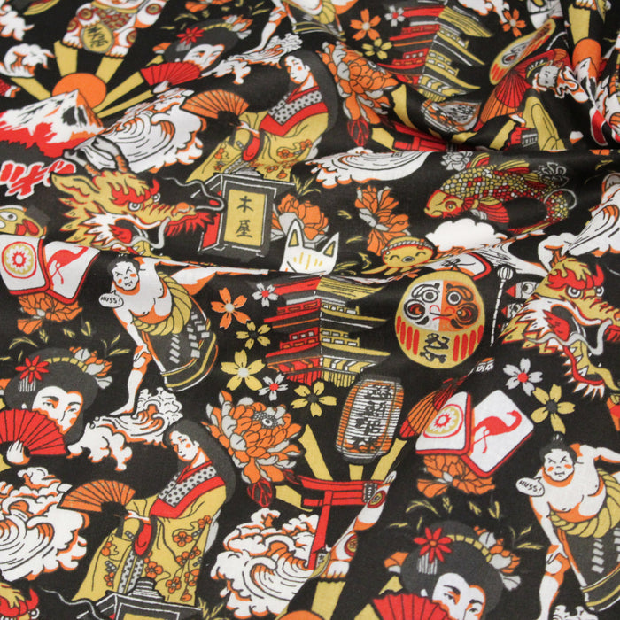 Tissu de coton aux illustrations japonaises, tons noirs et oranges - OEKO-TEX